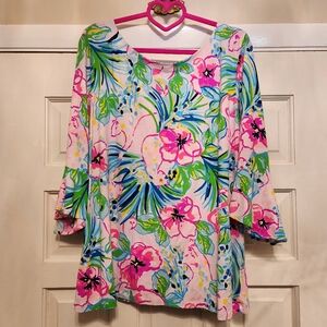 Lilly Pulitzer Pink Floral Knit Top XXL 3/4 Ruffle Sleeve w/Vent Hole